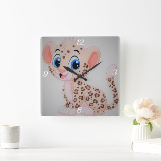 愛らしいベビーヒョウ スクエア壁時計 (ホーム)