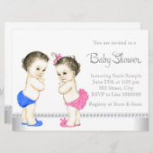 愛らしいベビーピンクとブルーツインベビーシャワー 招待状 (正面/裏面)