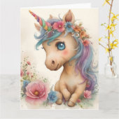 愛らしいベビーユニコーンの水彩画 カード (黄色い花)