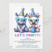 愛らしいベビーリノ誕生日 – ブルーグリッター 招待状 (正面/裏面)