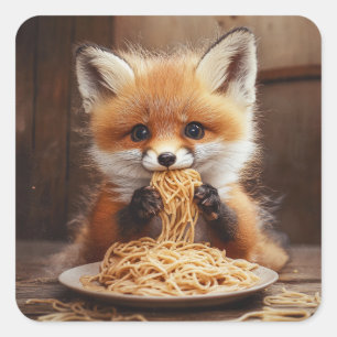 愛らしいベビーレッドフォックス食べのスパゲティ スクエアシール