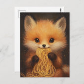 愛らしいベビーレッドフォックス食べのスパゲティ ポストカード (正面/裏面)