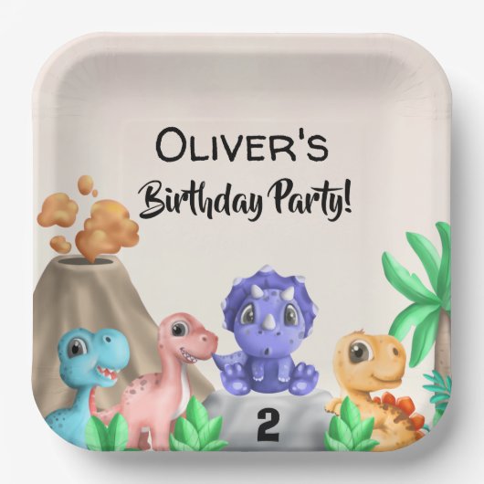 愛らしいベビー恐竜の誕生日パーティー ペーパープレート (正面)