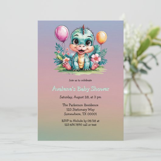 愛らしいベビー恐竜の赤ちゃんシャワー 招待状 (スタンド正面)