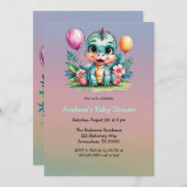 愛らしいベビー恐竜の赤ちゃんシャワー 招待状 (正面/裏面)