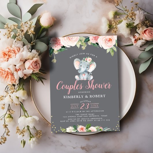 愛らしいベビー象ピンクのフローラカップルのシャワー 招待状