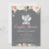 愛らしいベビー象ピンクのフローラカップルのシャワー 招待状 (正面)
