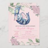 愛らしいベビー象、葉フローラ、赤ちゃんシャワー 招待状 (正面/裏面)