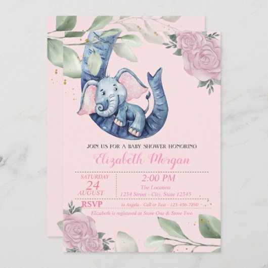 愛らしいベビー象、葉フローラ、赤ちゃんシャワー 招待状 (正面/裏面)