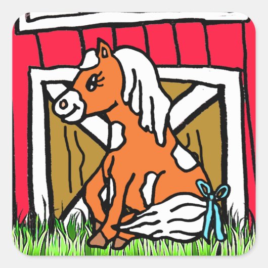 愛らしいベビー馬ブラウンポニーステッカー スクエアシール (正面)