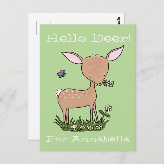 愛らしいベビー鹿と花漫画イラストレーション ポストカード (正面/裏面)
