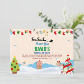 愛らしいベージュとブルークリスマスベビーシャワー サンキューカード (スタンド正面)