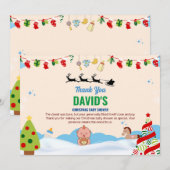 愛らしいベージュとブルークリスマスベビーシャワー サンキューカード (正面/裏面)