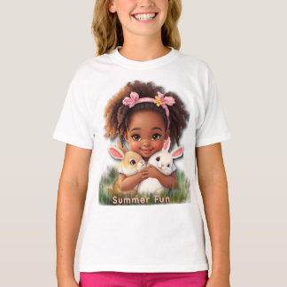 愛らしいペットのウサギを連れた幼児 Tシャツ