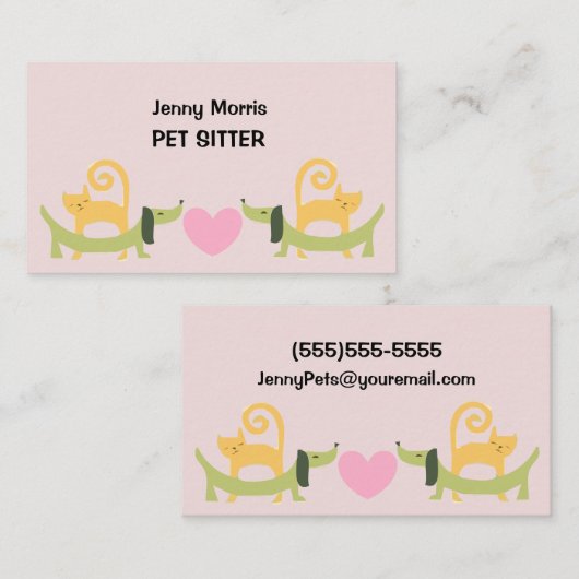 愛らしいペットシッター猫と犬のプリント 名刺 (正面/裏面)