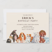 愛らしいペット、犬と猫の誕生日 招待状 (正面)
