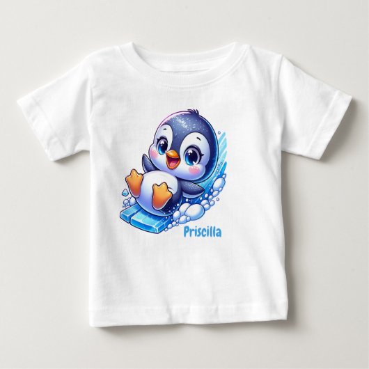 愛らしいペンギンが氷の上を滑る ベビーTシャツ (正面)