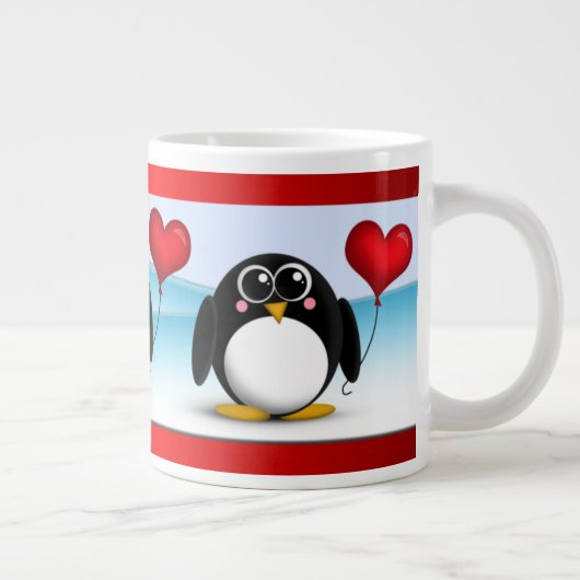 愛らしいペンギンのハートの気球- 20ozジャンボマグ ジャンボコーヒーマグカップ (右)