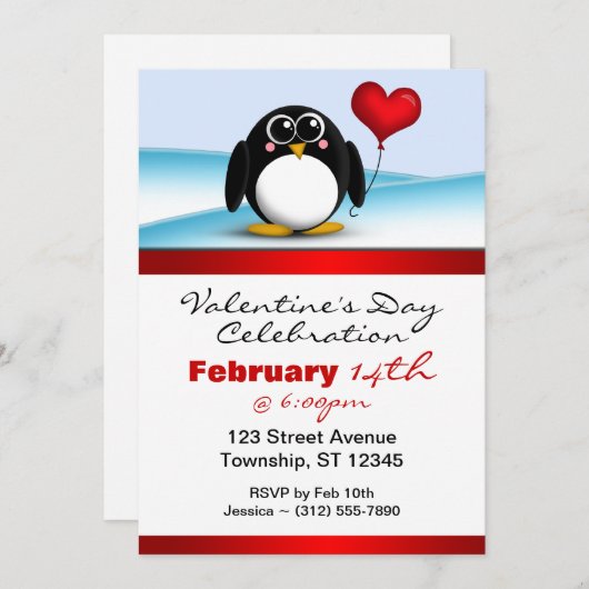 愛らしいペンギンハートバレンタインデー招待状 招待状 (正面/裏面)