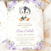 愛らしいペンギンパープルフローラガールベビーシャワー 招待状