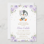 愛らしいペンギンパープルフローラガールベビーシャワー 招待状 (正面)