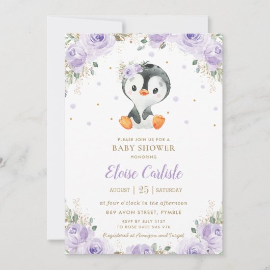 愛らしいペンギンパープルフローラガールベビーシャワー 招待状 (正面)