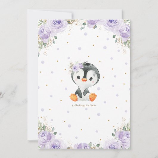 愛らしいペンギンパープルフローラガールベビーシャワー 招待状 (裏面)