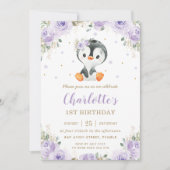 愛らしいペンギンパープルフローラガール1st誕生日 招待状 (正面)