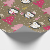 愛らしいペンギンピンクのクリスマスツリーキッズクリスマス ラッピングペーパー (角)