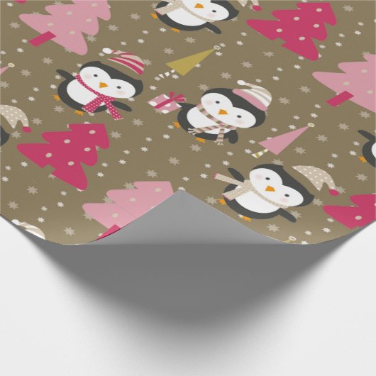 愛らしいペンギンピンクのクリスマスツリーキッズクリスマス ラッピングペーパー (角)