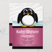 愛らしいペンギンピンクガールベビーシャワー招待状 招待状 (正面/裏面)