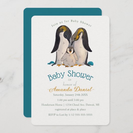 愛らしいペンギンファミリーベビーシャワー招待状 招待状 (正面/裏面)