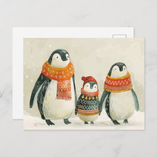愛らしいペンギン家族の水の色の新年 ポストカード (正面/裏面)