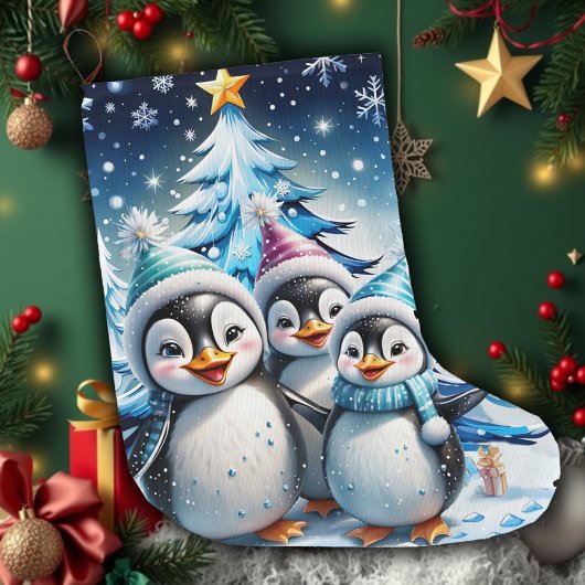 愛らしいペンギン3羽 ラージクリスマスストッキング