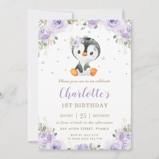 愛らしいペンギン パープル フラワー ガール 1歳の誕生日 招待状 (正面)