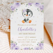 愛らしいペンギン パープル フラワー ガール 1歳の誕生日 招待状