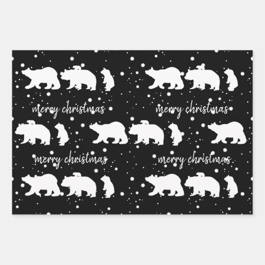 愛らしいホッキョクグマ家族クリスマスブラック ラッピングペーパーシート (正面3)