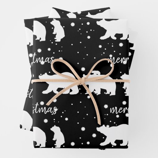 愛らしいホッキョクグマ家族クリスマスブラック ラッピングペーパーシート (インサイチュ)