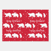 愛らしいホッキョクグマ家族クリスマスレッド ラッピングペーパーシート (正面2)