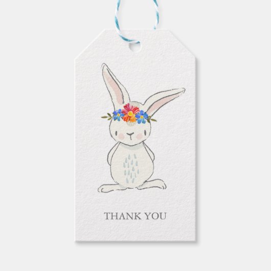 愛らしいホワイトバニーとフラワークラウンギフトラベル ギフトタグ (正面)