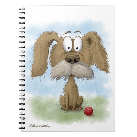 愛らしいボサボサの雑種犬のキャラクターとボール ノートブック (正面)