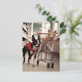 愛らしいボストンテリアとジンジャーキャットショッピング ポストカード (スタンド正面)