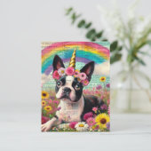 愛らしいボストンテリアUnicornワンちゃん野草 ポストカード (スタンド正面)