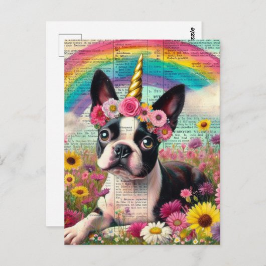 愛らしいボストンテリアUnicornワンちゃん野草 ポストカード (正面/裏面)