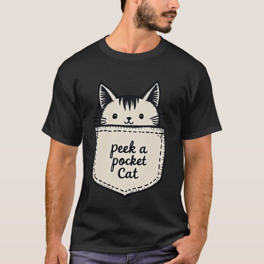 愛らしいポケットから顔を出す猫 Tシャツ (正面)