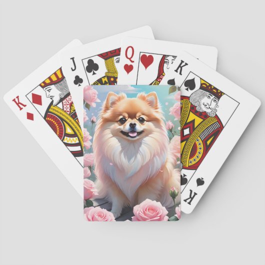 愛らしいポメラニア犬咲きピンクのバラ トランプ (裏面)
