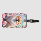 愛らしいポメラニア犬咲きピンクのバラ ラゲッジタグ (正面横)