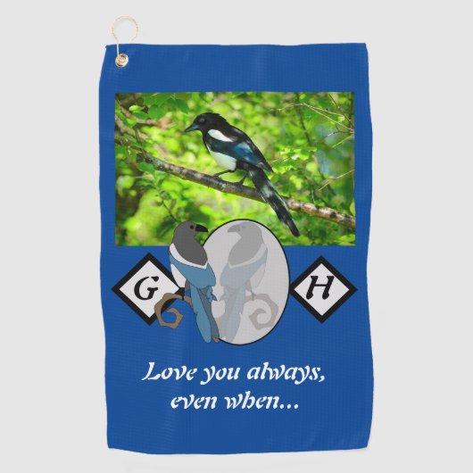 愛らしいマグパイ探しガラスモノグラムw写真 ゴルフタオル (正面)