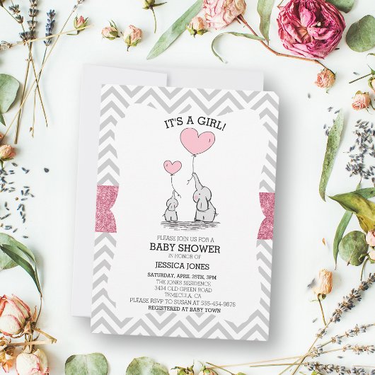 愛らしいママ＆ベイビーピンクゾウのベイビーシャワー 招待状