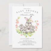 愛らしいママ&ベビーバニーズトリプレットベビーシャワー 招待状 (正面)
